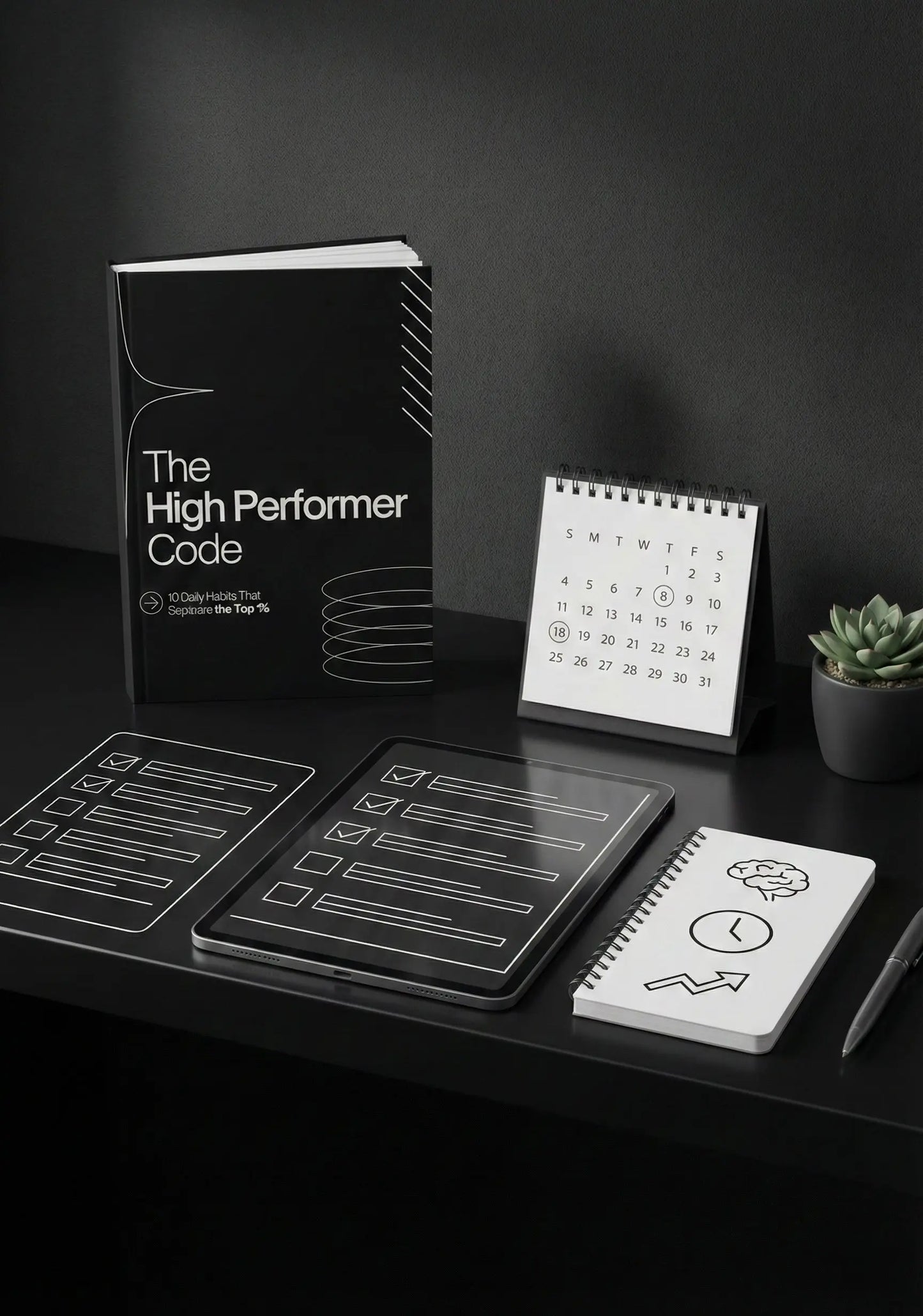 high performer habits ebook and planning materials on a dark desk, highlighting effective productivity tools