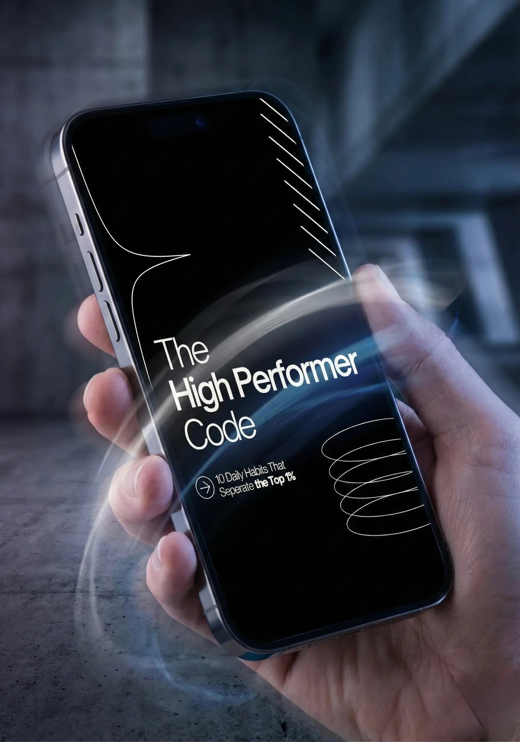 Hand holding a smartphone displaying The High Performer Code ebook, focused on high performer habits.