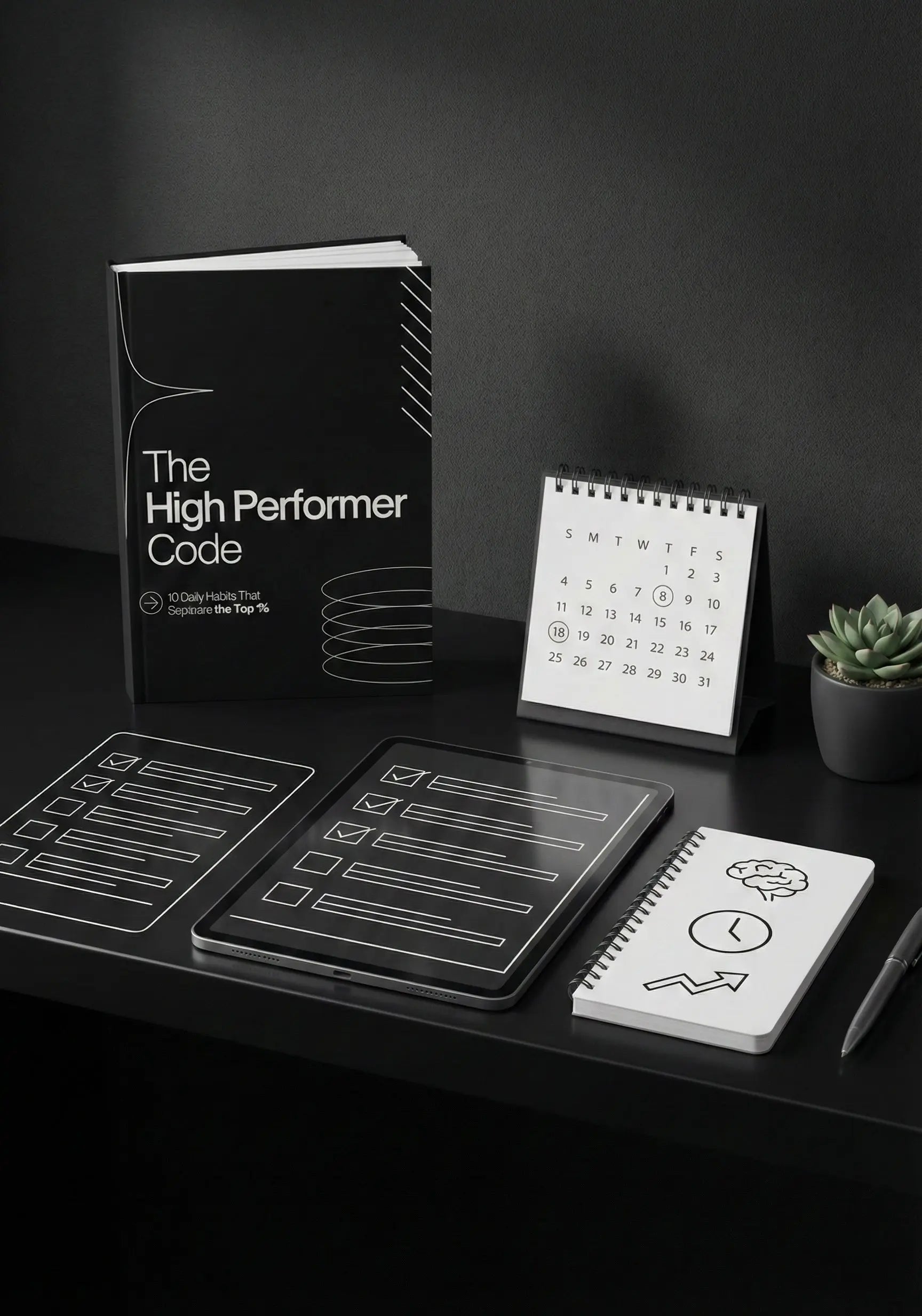 high performer habits ebook and planning materials on a dark desk, highlighting effective productivity tools