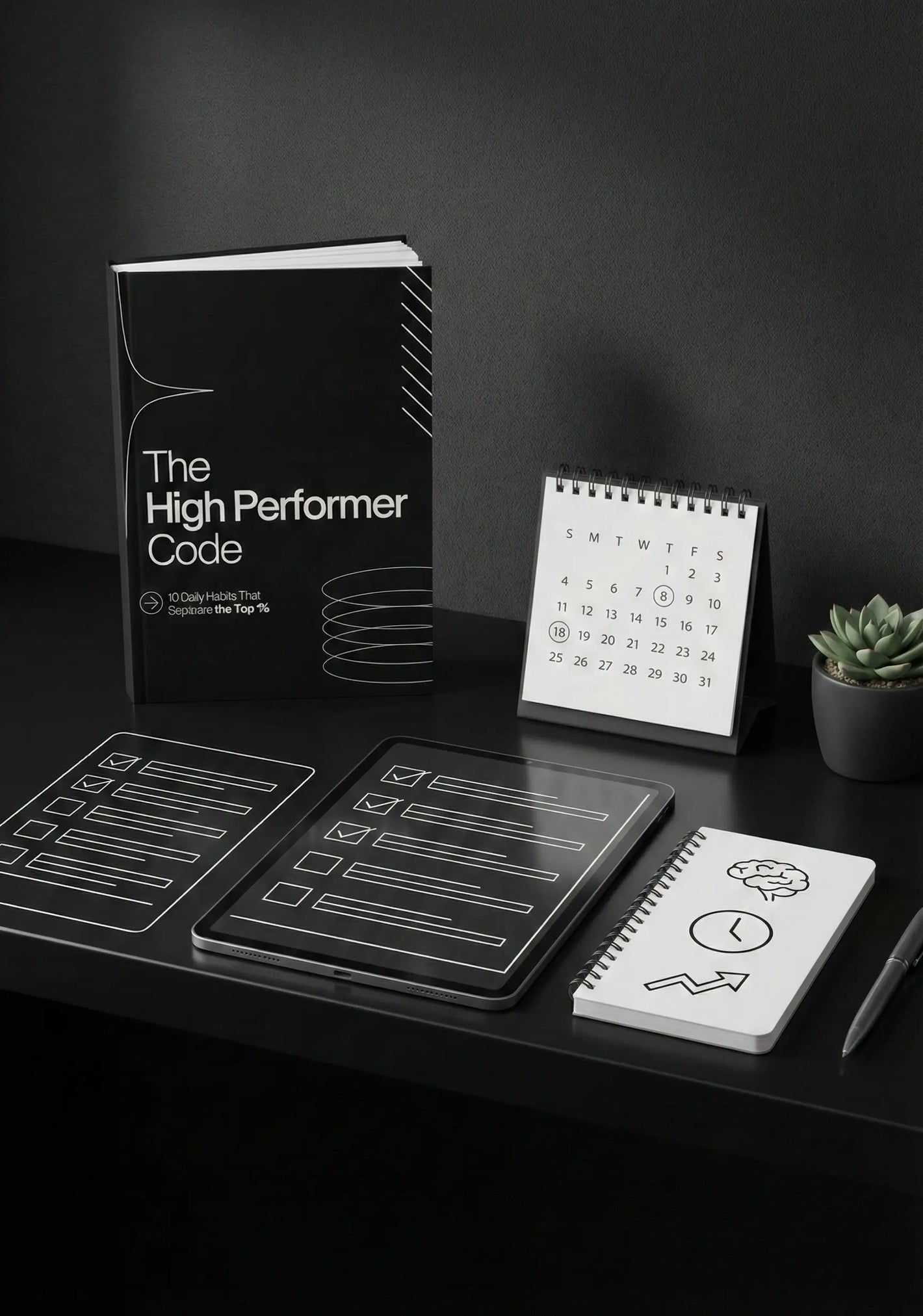 high performer habits ebook and planning materials on a dark desk, highlighting effective productivity tools